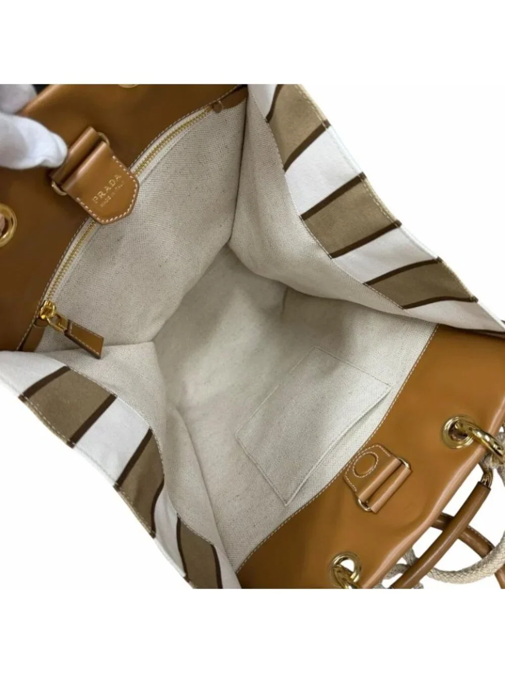 Prada Triangle Logo Stripe Leather Canvas Tote Brown White - Picture 5 of 14